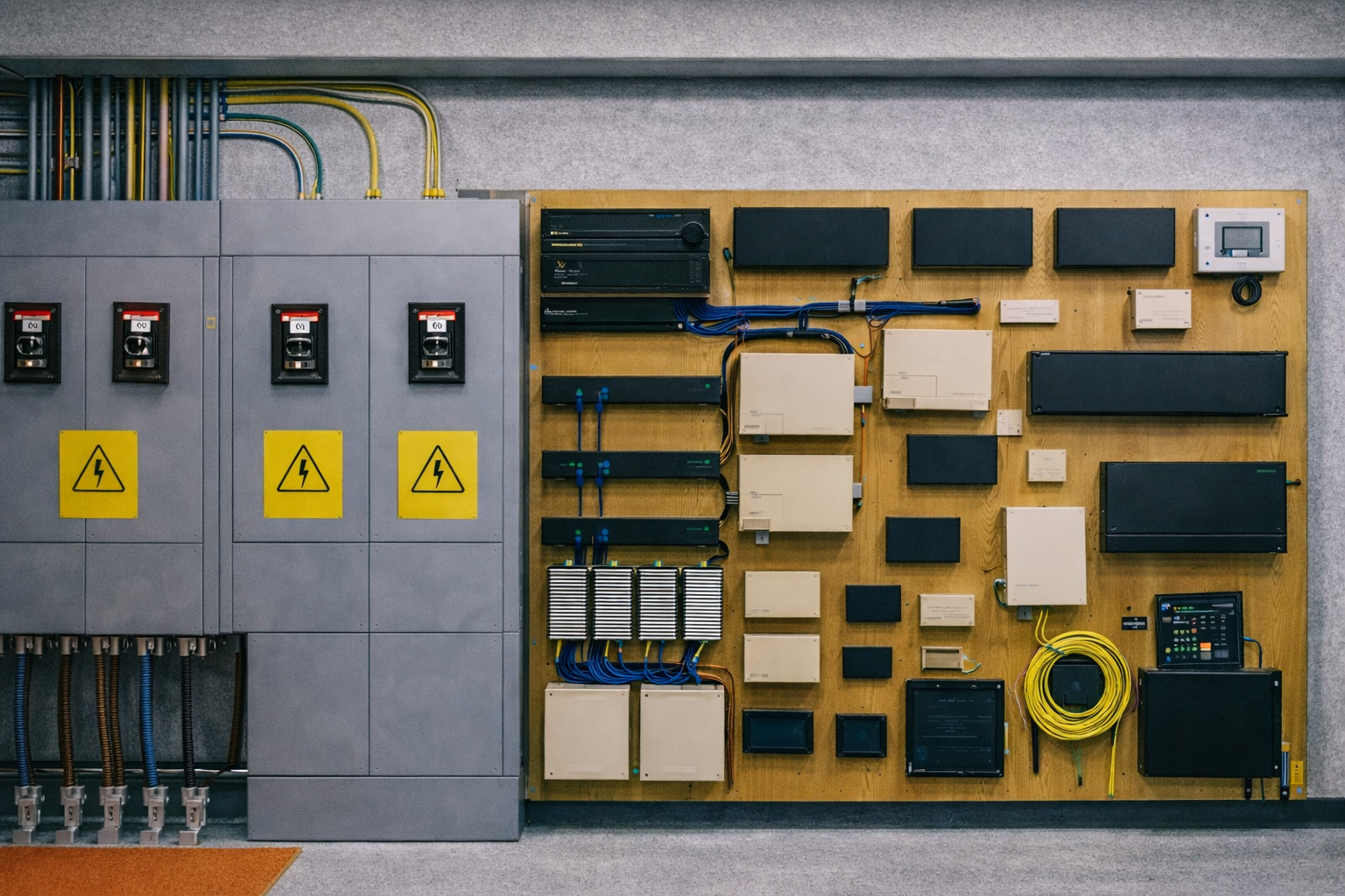Two industrial electrical control panels labeled Courant Fort and Courant Faible with switches, wires, and circuit components