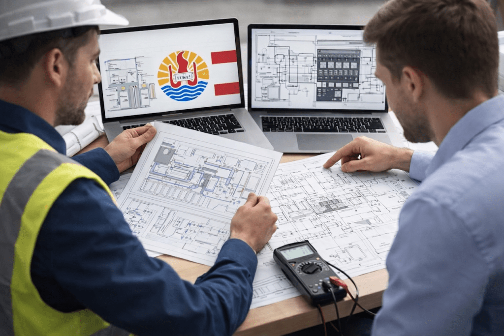 Team discussing climate and electrical project data with renewable energy icons